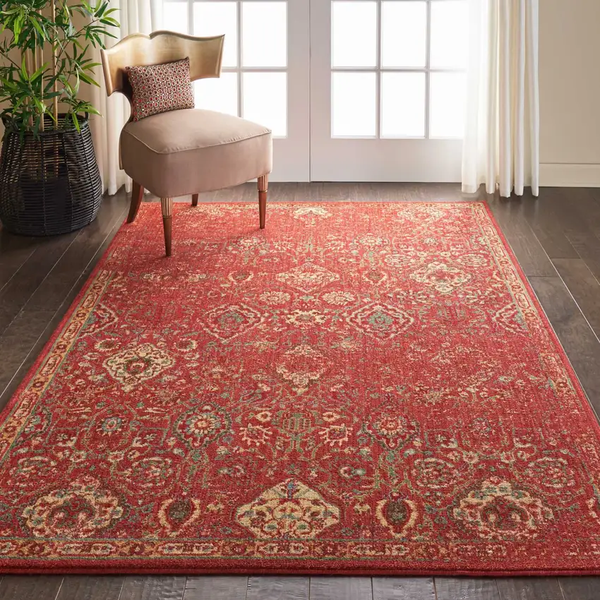 Brick Red And Tan Floral Distressed Non Skid Area Rug Photo 6
