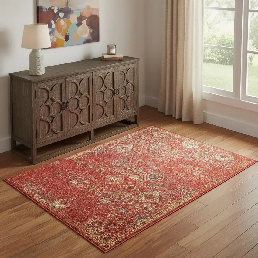 Brick Red And Tan Floral Distressed Non Skid Area Rug Photo 1