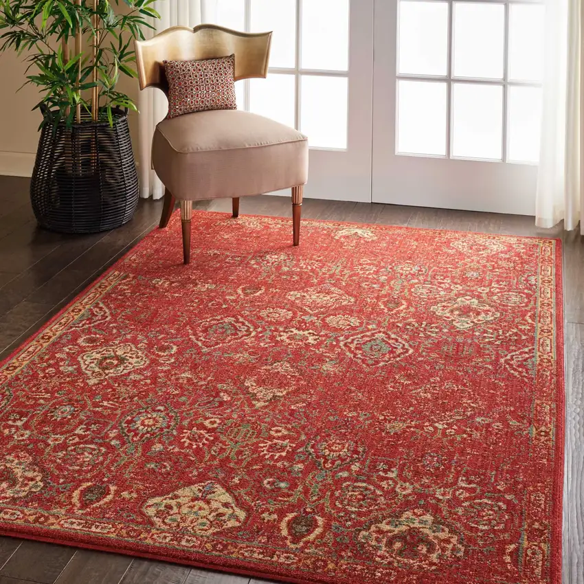 Brick Red And Tan Floral Distressed Non Skid Area Rug Photo 7