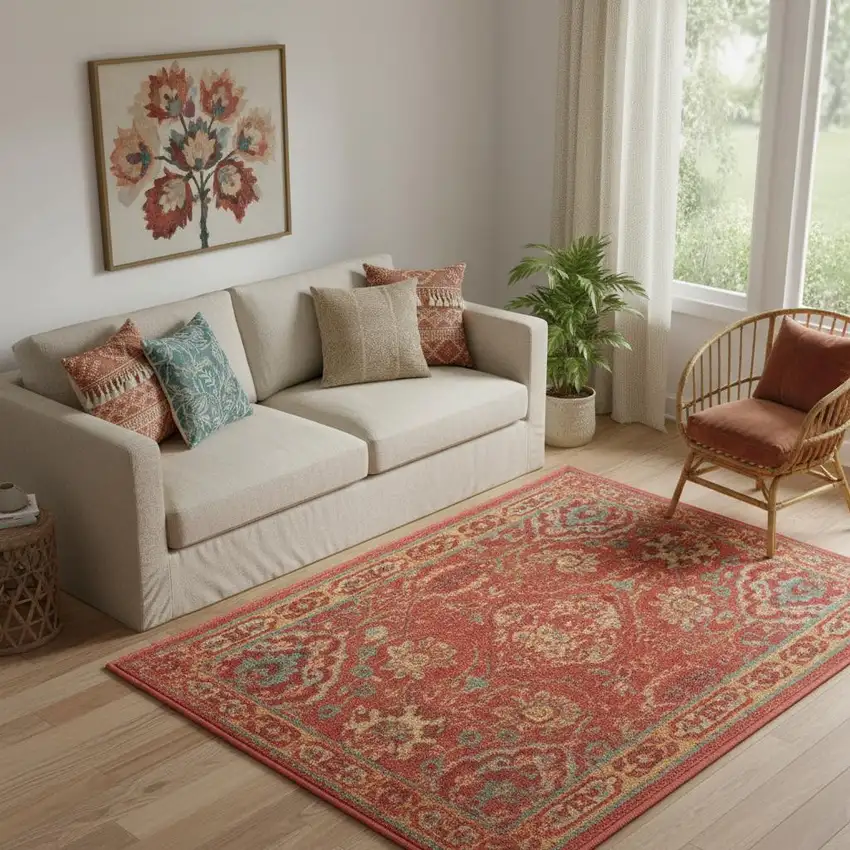 Brick Red And Tan Floral Distressed Non Skid Area Rug Photo 1