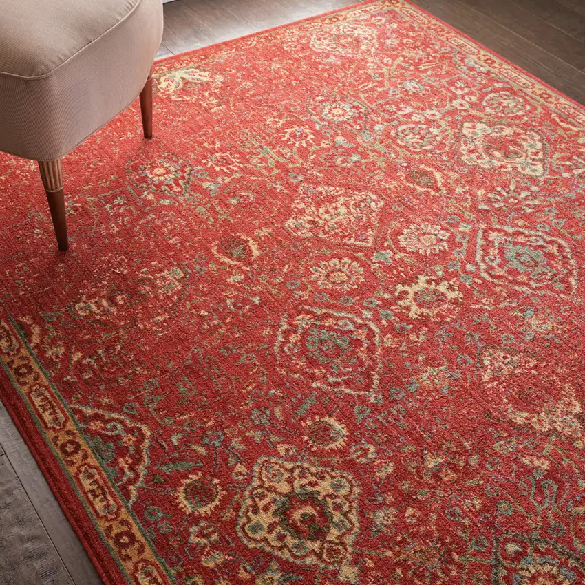 Brick Red And Tan Floral Distressed Non Skid Area Rug Photo 6