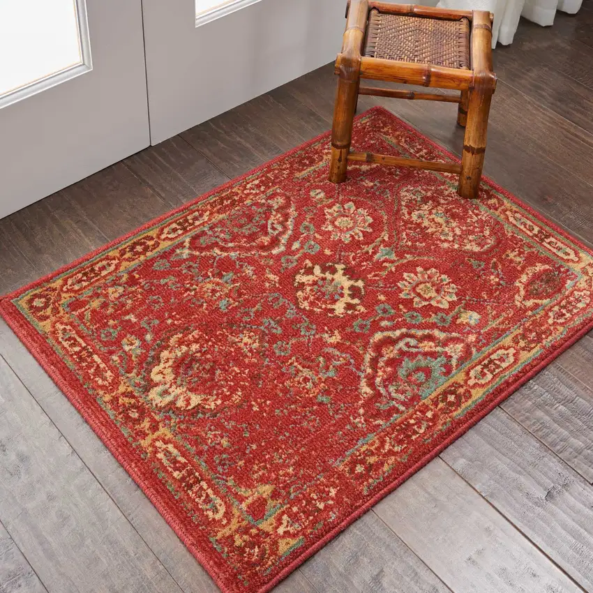 Brick Red And Tan Floral Distressed Non Skid Area Rug Photo 5