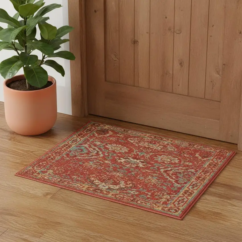 Brick Red And Tan Floral Distressed Non Skid Area Rug Photo 1