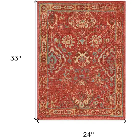 Brick Red And Tan Floral Distressed Non Skid Area Rug Photo 3
