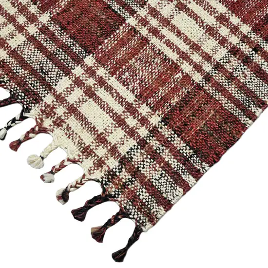 Brick Red Black And Ivory Jute Plaid Hand Woven Area Rug With Fringe Photo 4