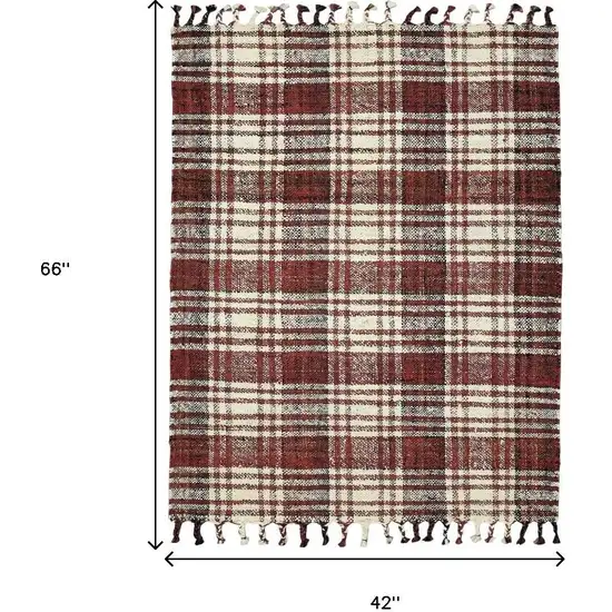 Brick Red Black And Ivory Jute Plaid Hand Woven Area Rug With Fringe Photo 8