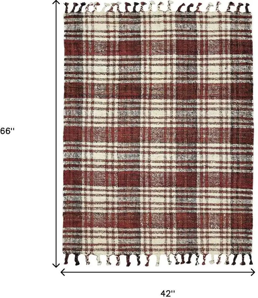 Brick Red Black And Ivory Jute Plaid Hand Woven Area Rug With Fringe Photo 8