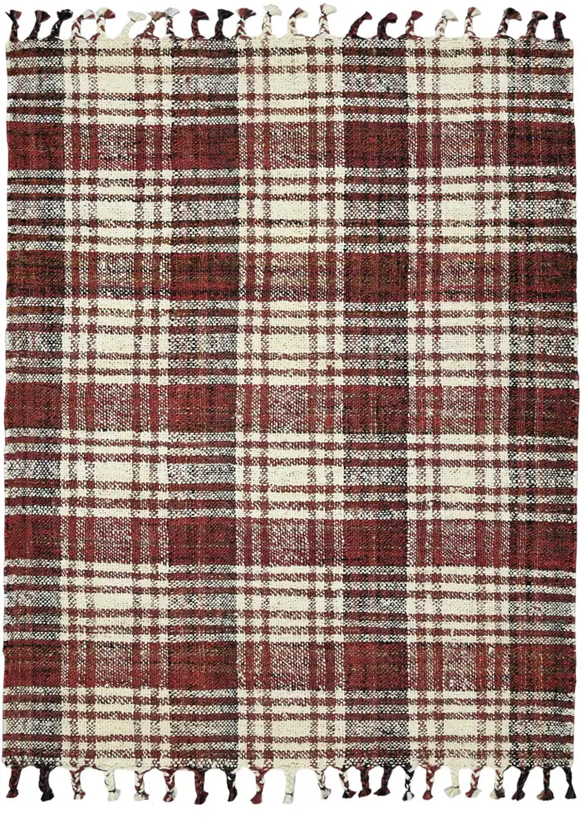 Brick Red Black And Ivory Jute Plaid Hand Woven Area Rug With Fringe Photo 2