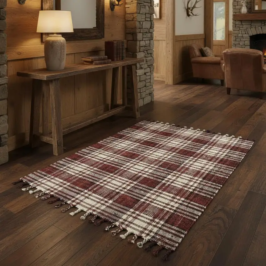 Brick Red Black And Ivory Jute Plaid Hand Woven Area Rug With Fringe Photo 1