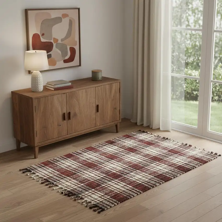 Brick Red Black And Ivory Jute Plaid Hand Woven Area Rug With Fringe Photo 1