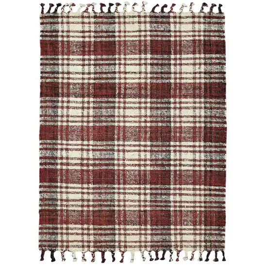 Brick Red Black And Ivory Jute Plaid Hand Woven Area Rug With Fringe Photo 2