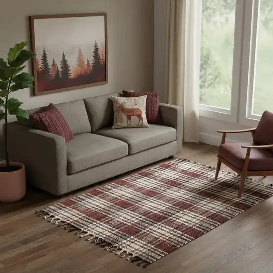 Brick Red Black And Ivory Jute Plaid Hand Woven Area Rug With Fringe Photo 1