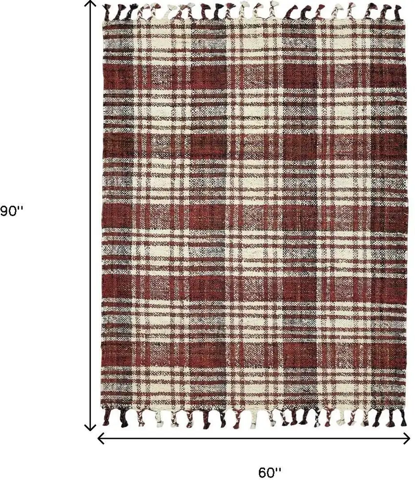 Brick Red Black And Ivory Jute Plaid Hand Woven Area Rug With Fringe Photo 4