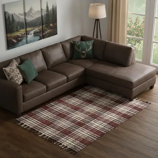 Brick Red Black And Ivory Jute Plaid Hand Woven Area Rug With Fringe Photo 1