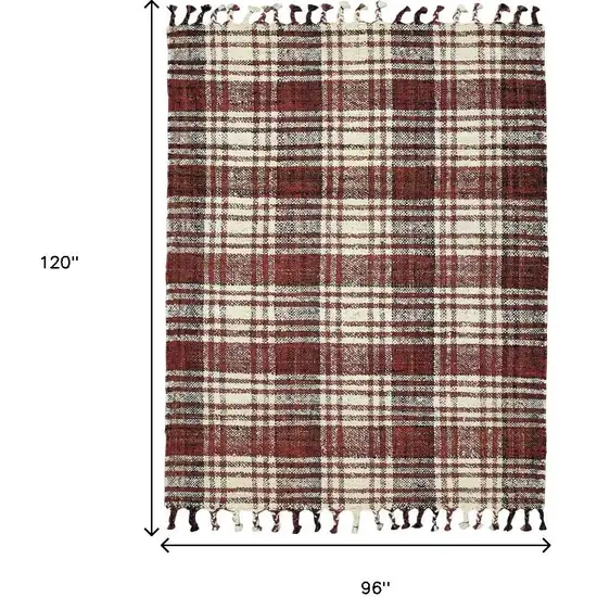 Brick Red Black And Ivory Jute Plaid Hand Woven Area Rug With Fringe Photo 7