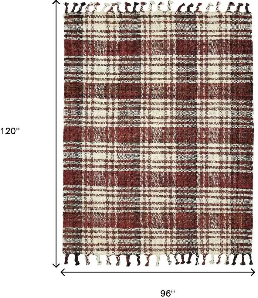 Brick Red Black And Ivory Jute Plaid Hand Woven Area Rug With Fringe Photo 7