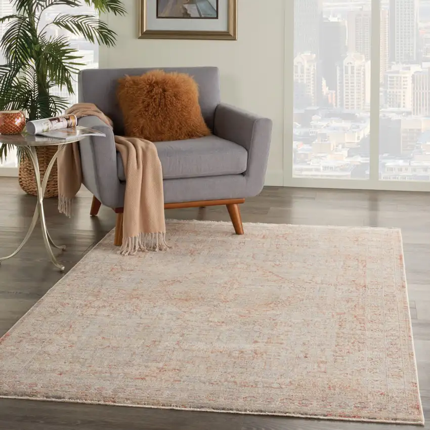 Brick Red Gray And Cream Floral Area Rug With Fringe Photo 6