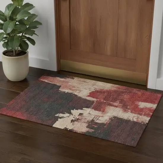 Brick Red Mauve And Beige Abstract Washable Area Rug With UV Protection Photo 1
