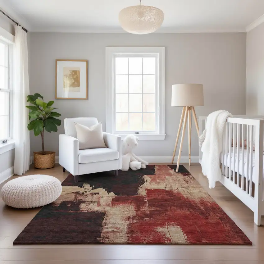 Brick Red Mauve And Beige Abstract Washable Area Rug With UV Protection Photo 1