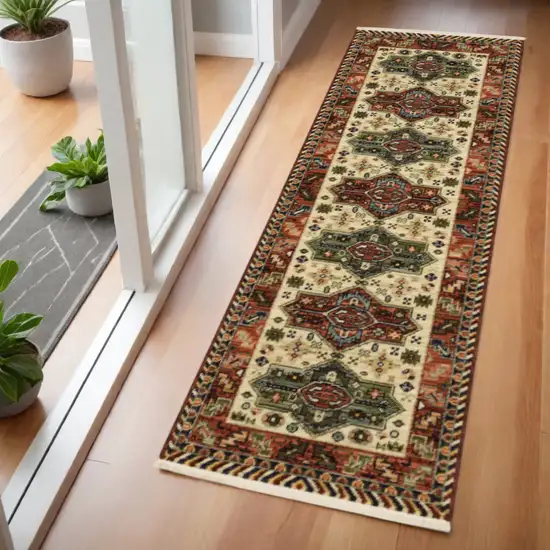 6' Red Blue and White Oriental Power Loom Runner Rug Photo 1