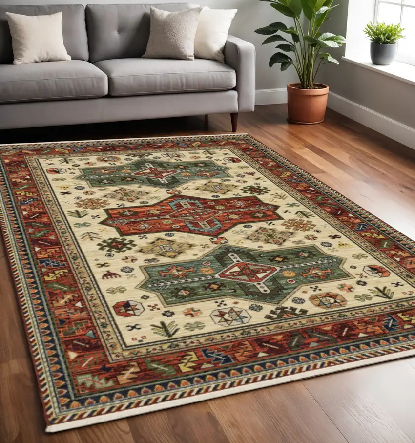 Blue and Beige Oriental Power Loom Area Rug With Fringe Photo 1