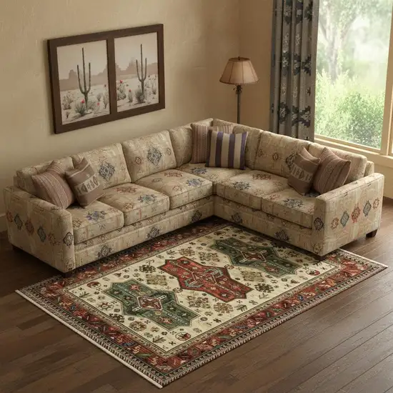 6' X 9' Brick Red Orange Rust Beige Gold Pale Blue Olive Navy And Black Oriental Power Loom Stain Resistant Area Rug With Fringe Photo 1