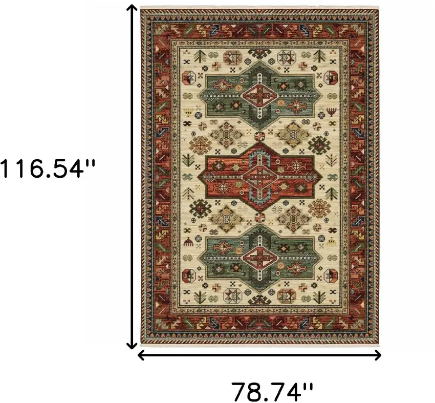 6' X 9' Brick Red Orange Rust Beige Gold Pale Blue Olive Navy And Black Oriental Power Loom Stain Resistant Area Rug With Fringe Photo 3