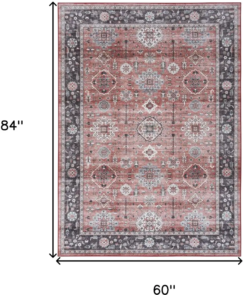 Brick Red and Black Oriental Distressed Non Skid Area Rug Photo 3