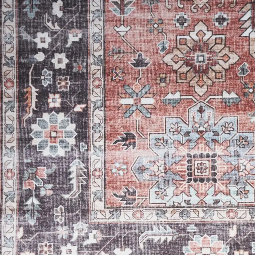 Brick Red and Black Oriental Distressed Non Skid Area Rug Photo 1