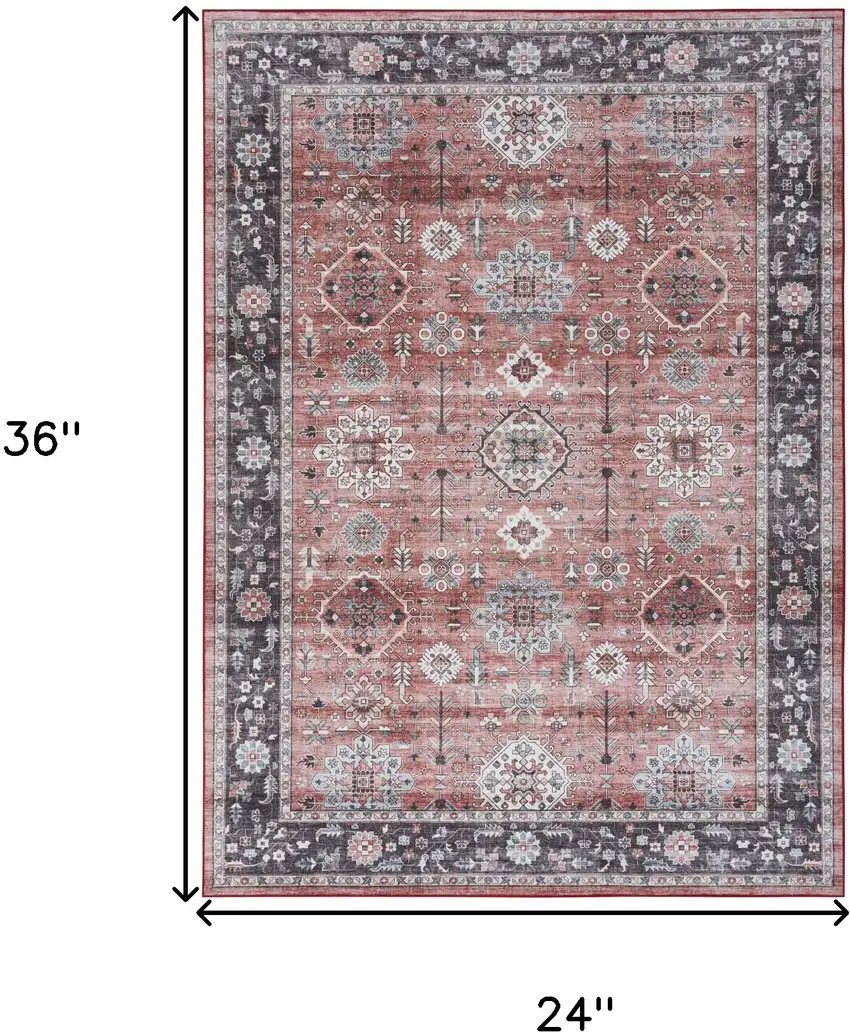Brick Red and Black Oriental Distressed Non Skid Area Rug Photo 3