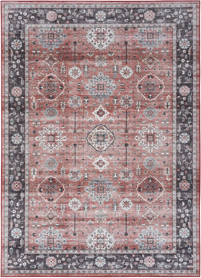 Brick Red and Black Oriental Distressed Non Skid Area Rug Photo 1