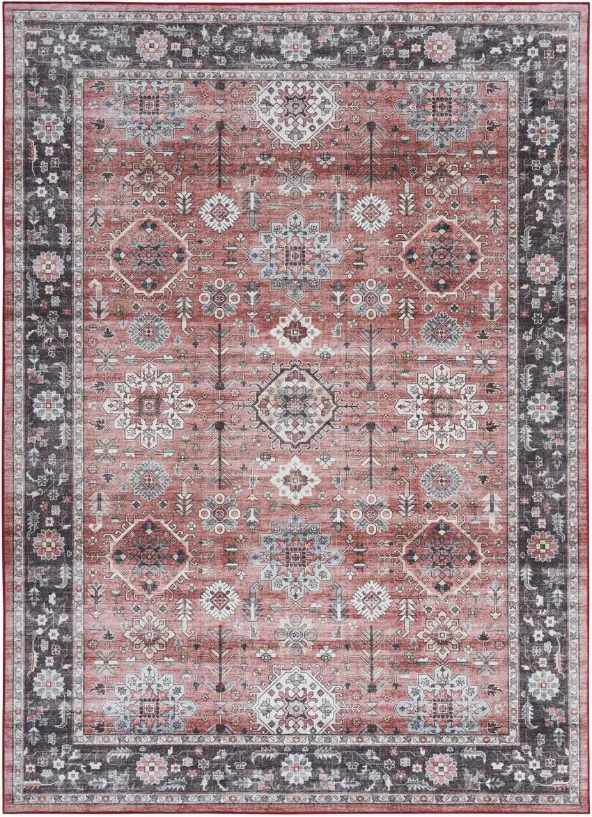 Brick Red and Black Oriental Distressed Non Skid Area Rug Photo 5