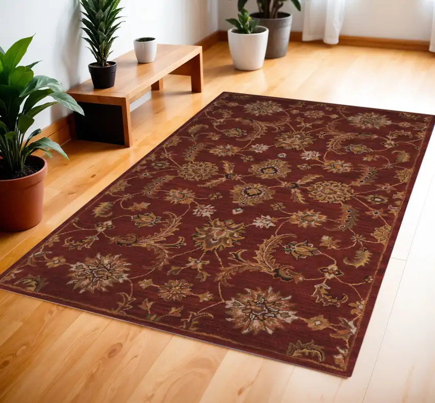 Brick Red and Orange Wool Floral Area Rug Photo 1
