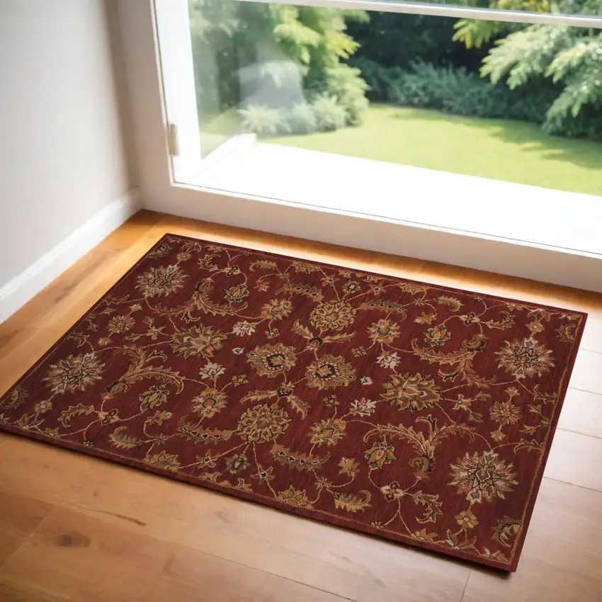 Brick Red and Orange Wool Floral Area Rug Photo 1