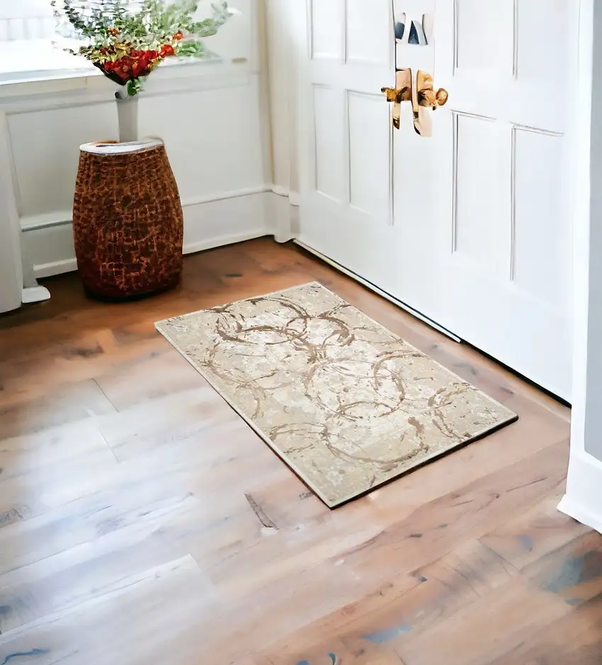 Bronze Abstract Area Rug With Fringe Photo 1