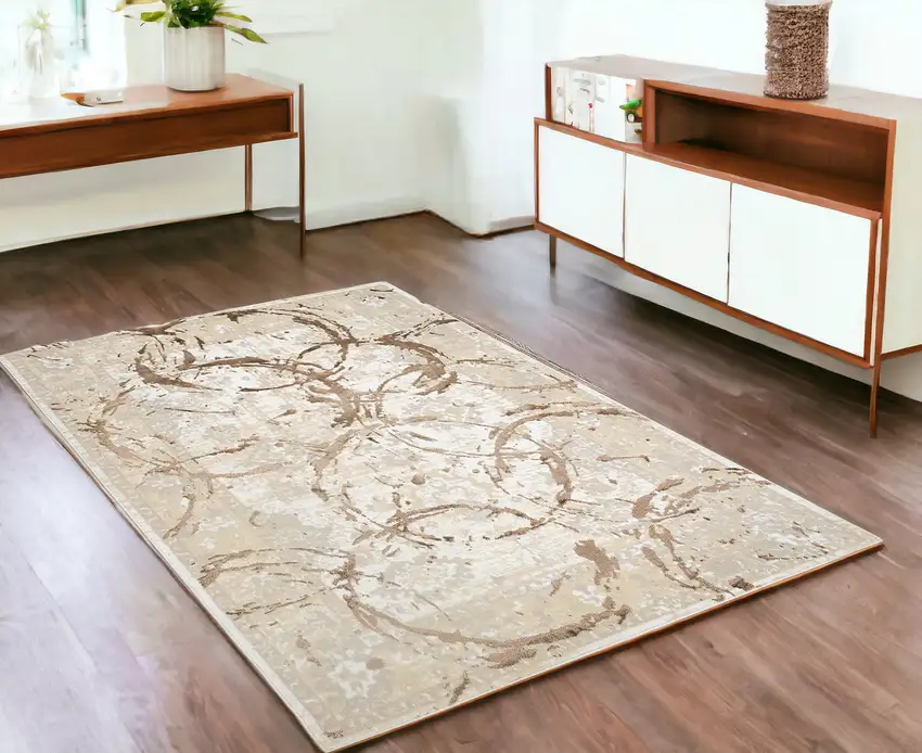 Bronze Abstract Area Rug With Fringe Photo 1