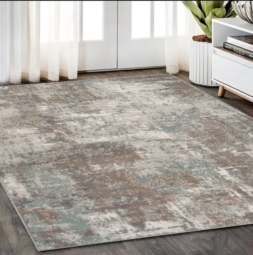 Ivory Brown And Green Abstract Area Rug Photo 1