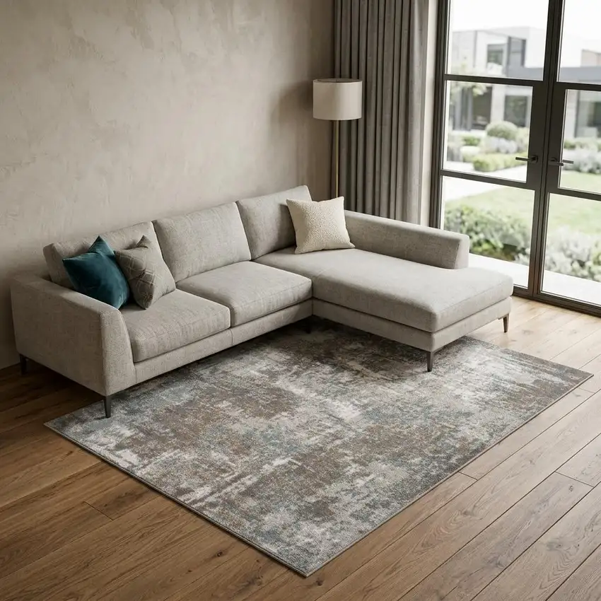 Ivory Brown And Green Abstract Area Rug Photo 1