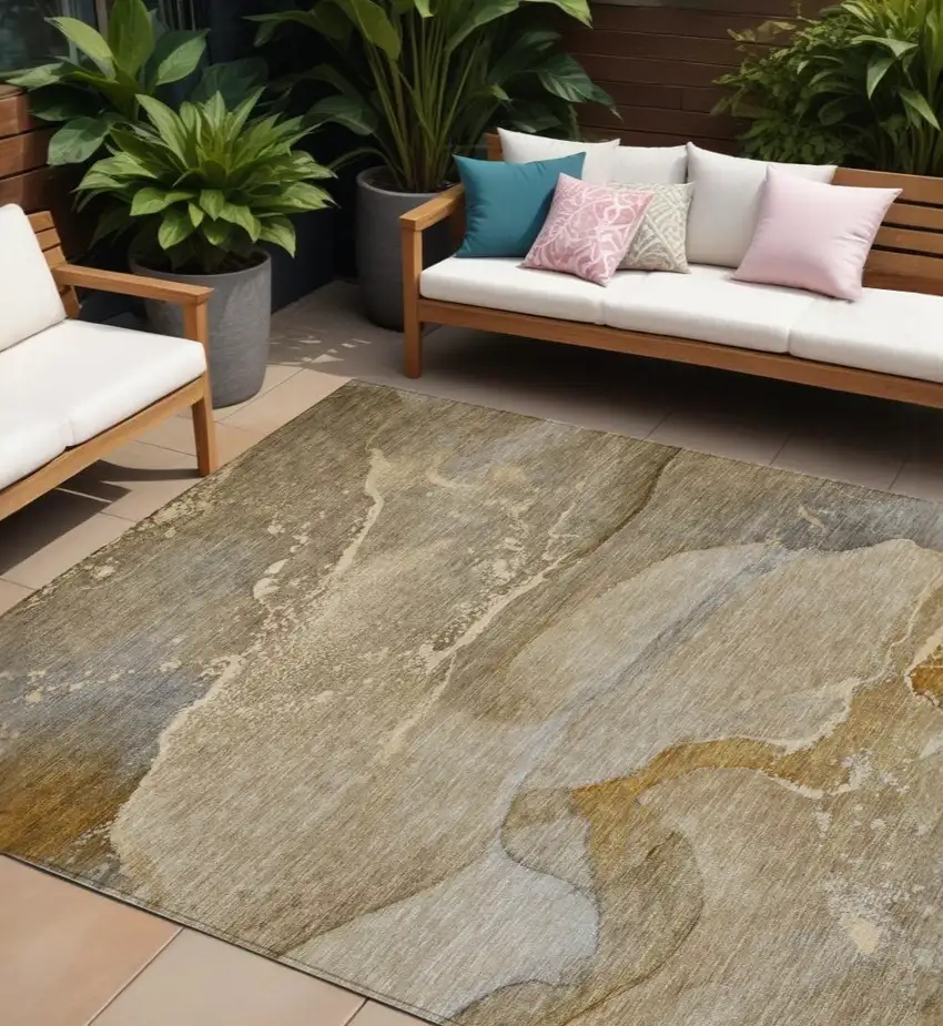 Brown Abstract Washable Indoor Outdoor Area Rug Photo 1