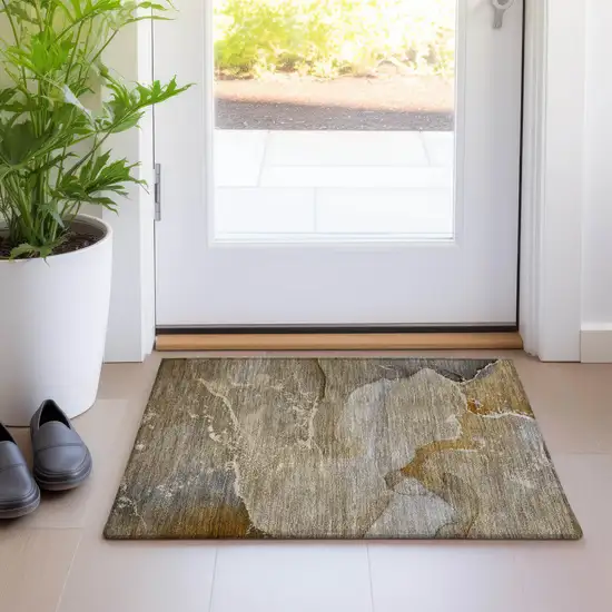 Brown Beige and Gold Abstract Washable Indoor Outdoor Area Rug Photo 8