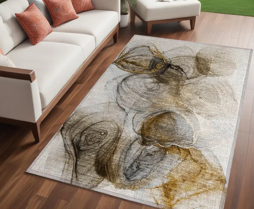 Brown Abstract Washable Non Skid Indoor Outdoor Area Rug Photo 1