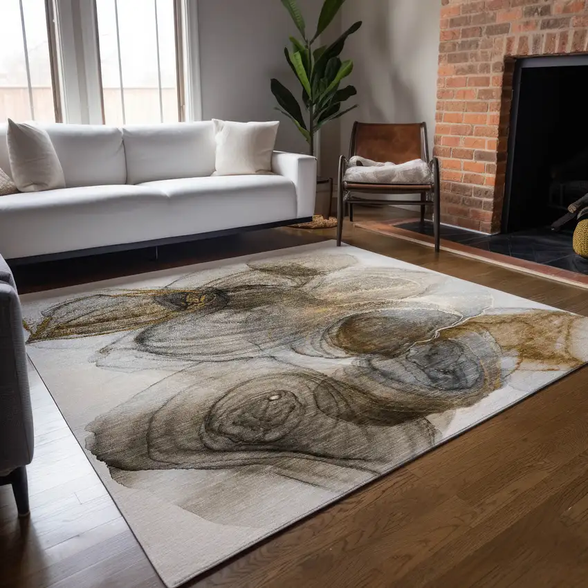 Brown Abstract Washable Non Skid Indoor Outdoor Area Rug Photo 9