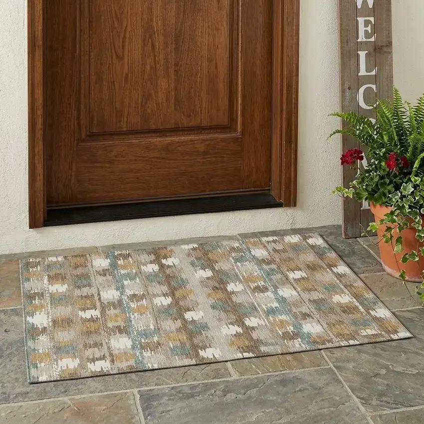 Brown And Aqua Abstract Washable Indoor Outdoor Area Rug Photo 1
