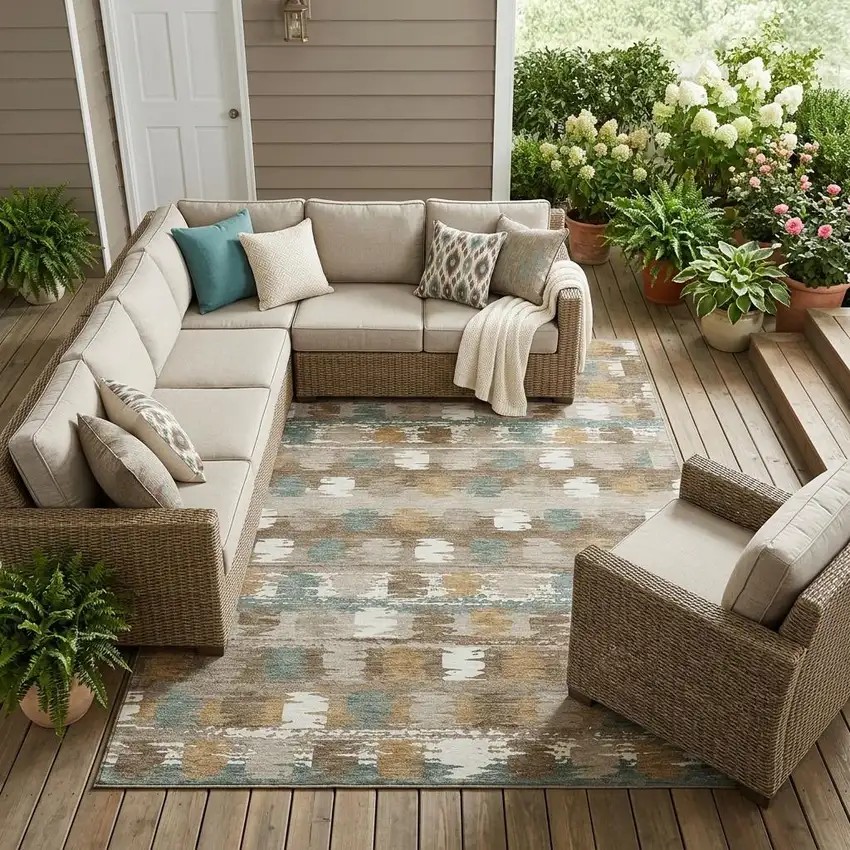 Brown And Aqua Abstract Washable Indoor Outdoor Area Rug Photo 1