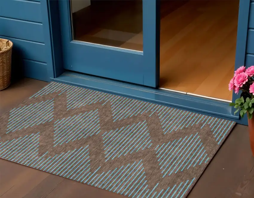 Brown And Aqua Geometric Washable Indoor Outdoor Area Rug Photo 1