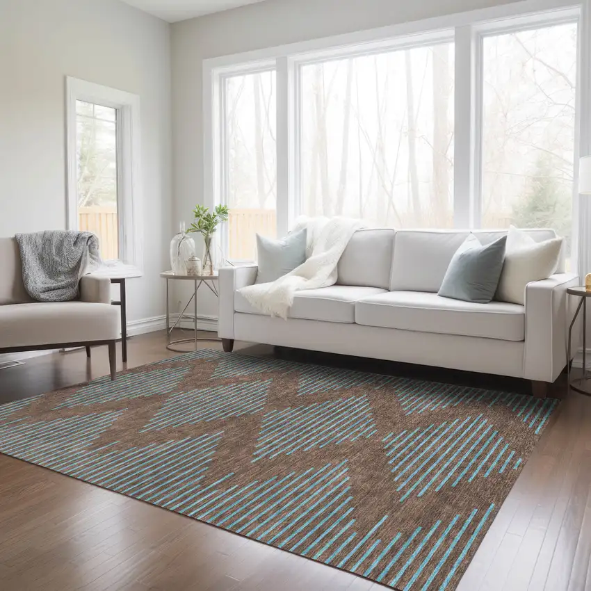 Brown And Aqua Geometric Washable Indoor Outdoor Area Rug Photo 9