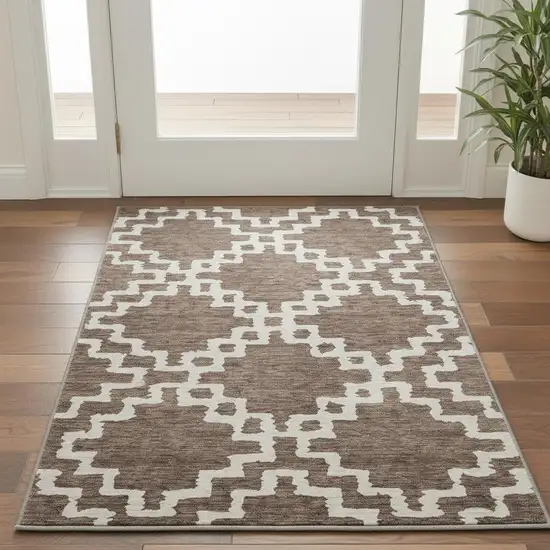 Brown And Beige Abstract Geometric Washable Area Rug With UV Protection Photo 2