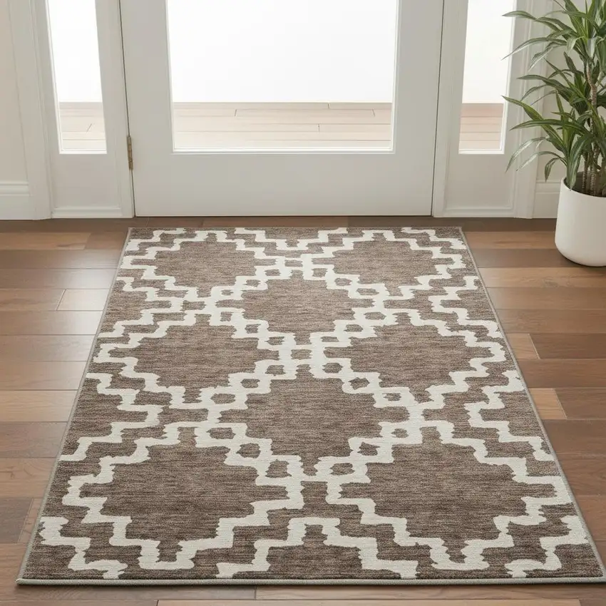 Brown And Beige Abstract Geometric Washable Area Rug With UV Protection Photo 2