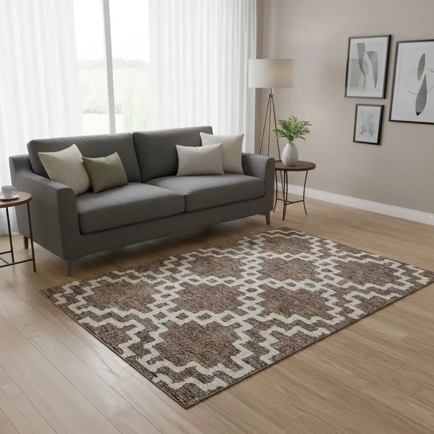 Brown And Beige Abstract Geometric Washable Area Rug With UV Protection Photo 2