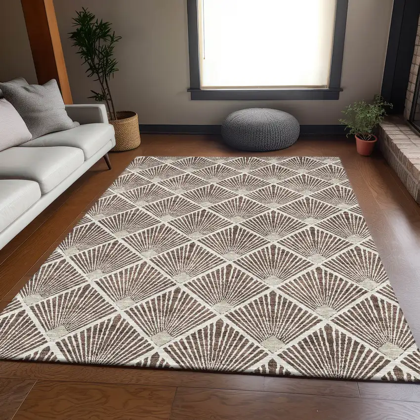 Brown And Beige Abstract Geometric Washable Area Rug With UV Protection Photo 5